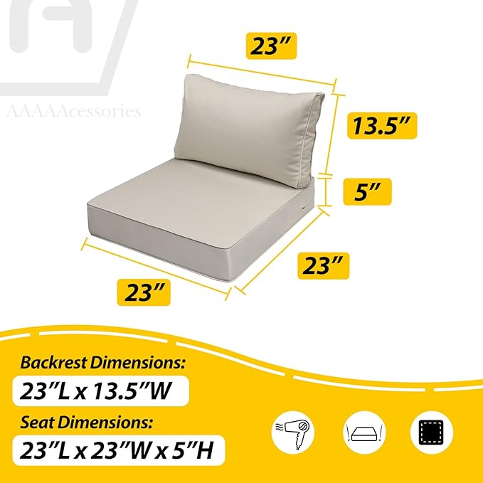 AAAAAcessories Outdoor Seat Cushions for Chairs, Fade-Resistant, Waterproof Patio Furniture Replacement Cushions, 23" x 23" x 5" + 23" x 13.5", Beige