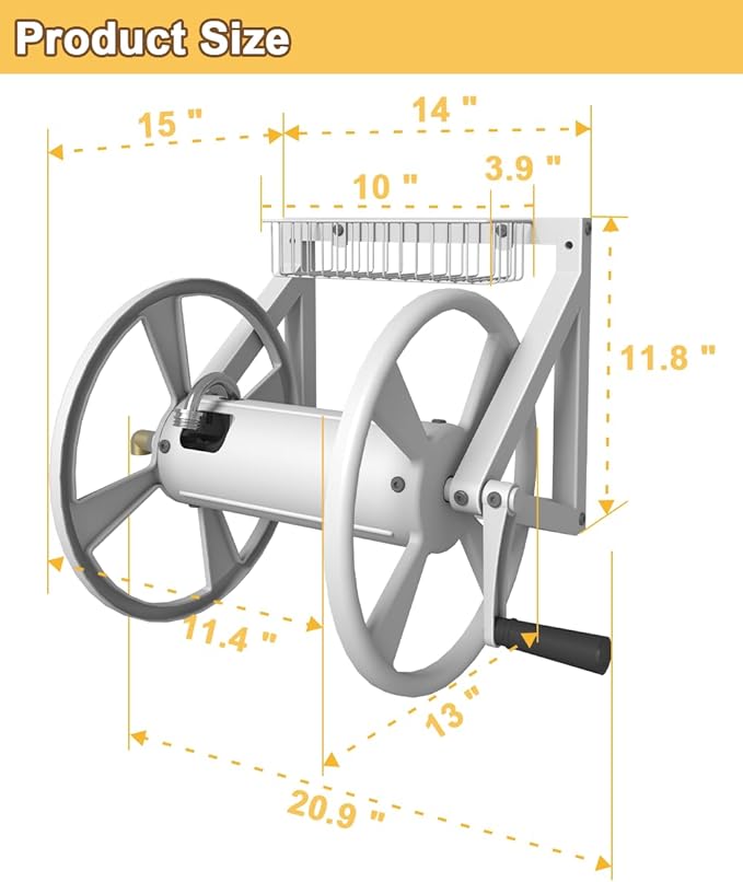 Triangle Wall Mounted Garden Hose Reel, Outdoor Heavy-Duty Water Hoses Holder Winder, Holds 125 Ft of 5/8-Inch Hose, with 3.9 ft Leader Hose, Brass Fitting, Storage Basket for Yard, White
