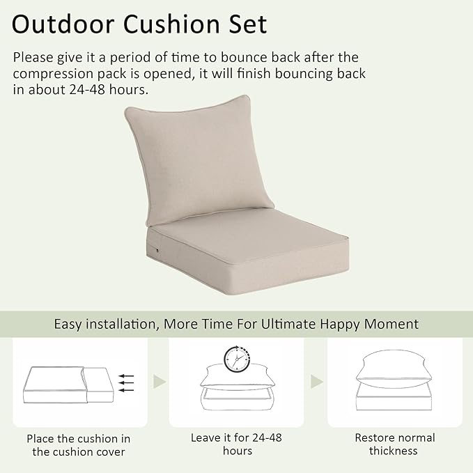 COZYVIDA Outdoor Deep Seat Cushion Set of 2, 22"x24" Seat & 23"x19" Back, C0 Water-Resistant Breathable Fabric, UV-Resistant 1000+ Hrs, 30D Foam with Recycled Fiber Fill,Natural Linen