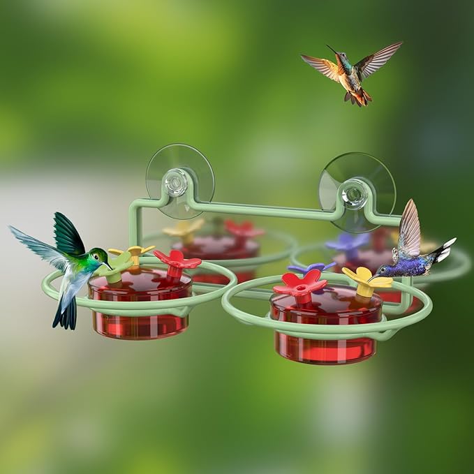 2 Pack Window Hummingbird Feeder, Small Hummingbird Feeder for Outdoors with Strong Suction Cup - Metal Base & 6 Feeding Ports, Easy to Clean and Refill, Green