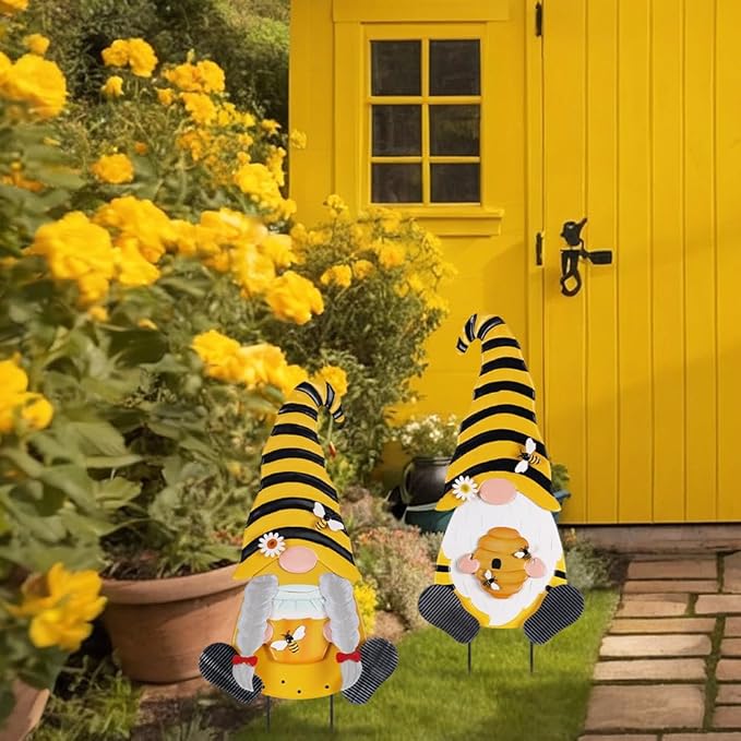 YEAHOME Metal Gnome Decorative Garden Stakes, 2 Pcs Outdoor Garden Decor with Honeybee Ornament Spring Decorations Yard Art Stakes for Indoor Outdoor Patio Lawn (Yellow & Orange)
