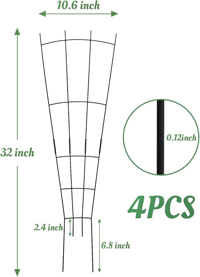 4 Pack 32'' Black Metal Plant Trellis Indoor/Outdoor, Fan Shape, Stainless Steel, Modern Style, Easy Assembly