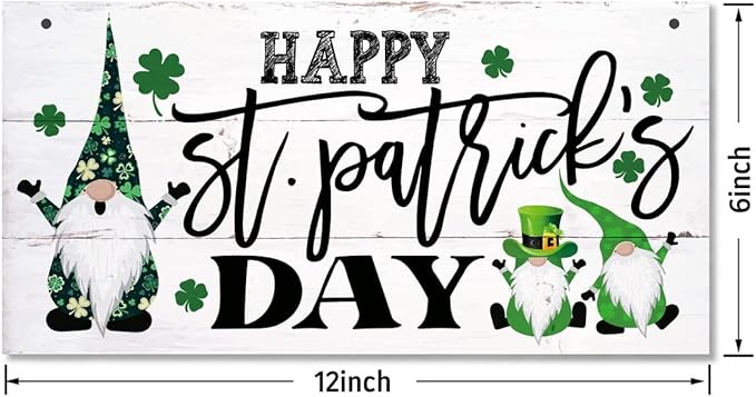Hanging Happy St Patrick's Day Wood Decor Sign - Gnome Printed Wall Art, Irish Home Signs, Door Hanging, Rustic Farmhouse Decor