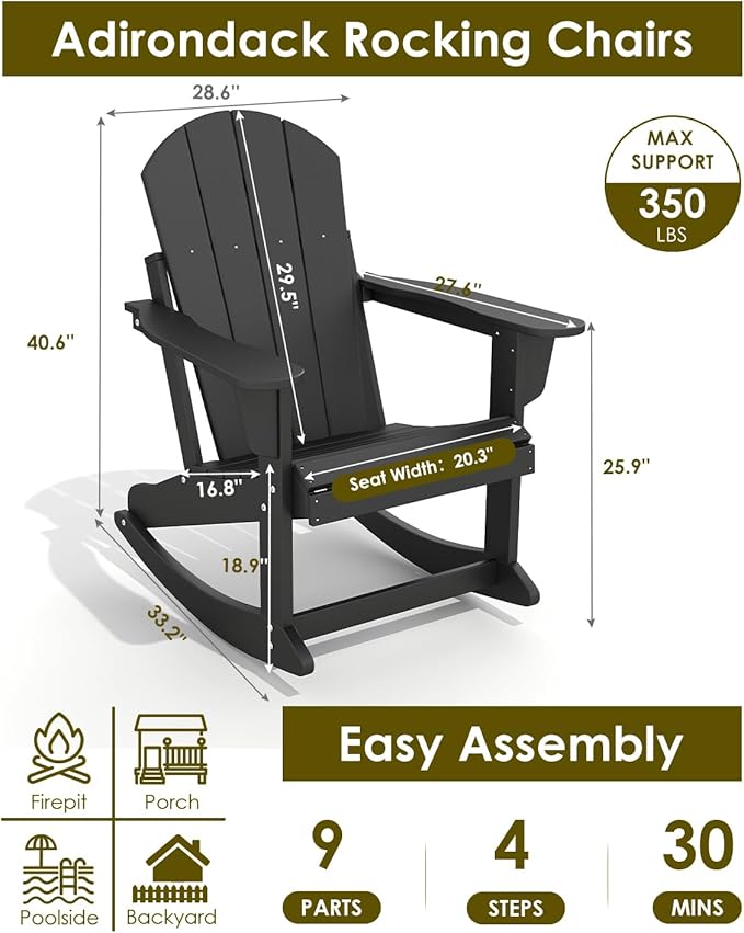 GREENVINES Adirondack Rocking Chairs Set of 4 | HDPE Plastic | Porch Rocker | Chair for Patio Outdoor Deck | All Weather | Black