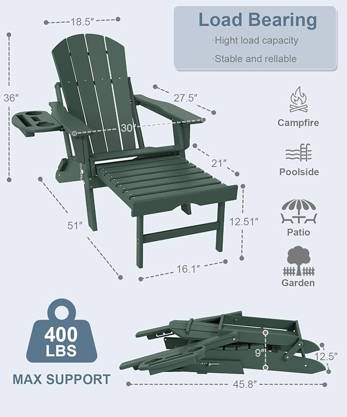 Adjustable Adirondack Chair with Retractable Ottoman Set of 6, HDPE Folding Adirondack Chair with Cup Holder, All Weather Fire Pit Chair for Outdoor.