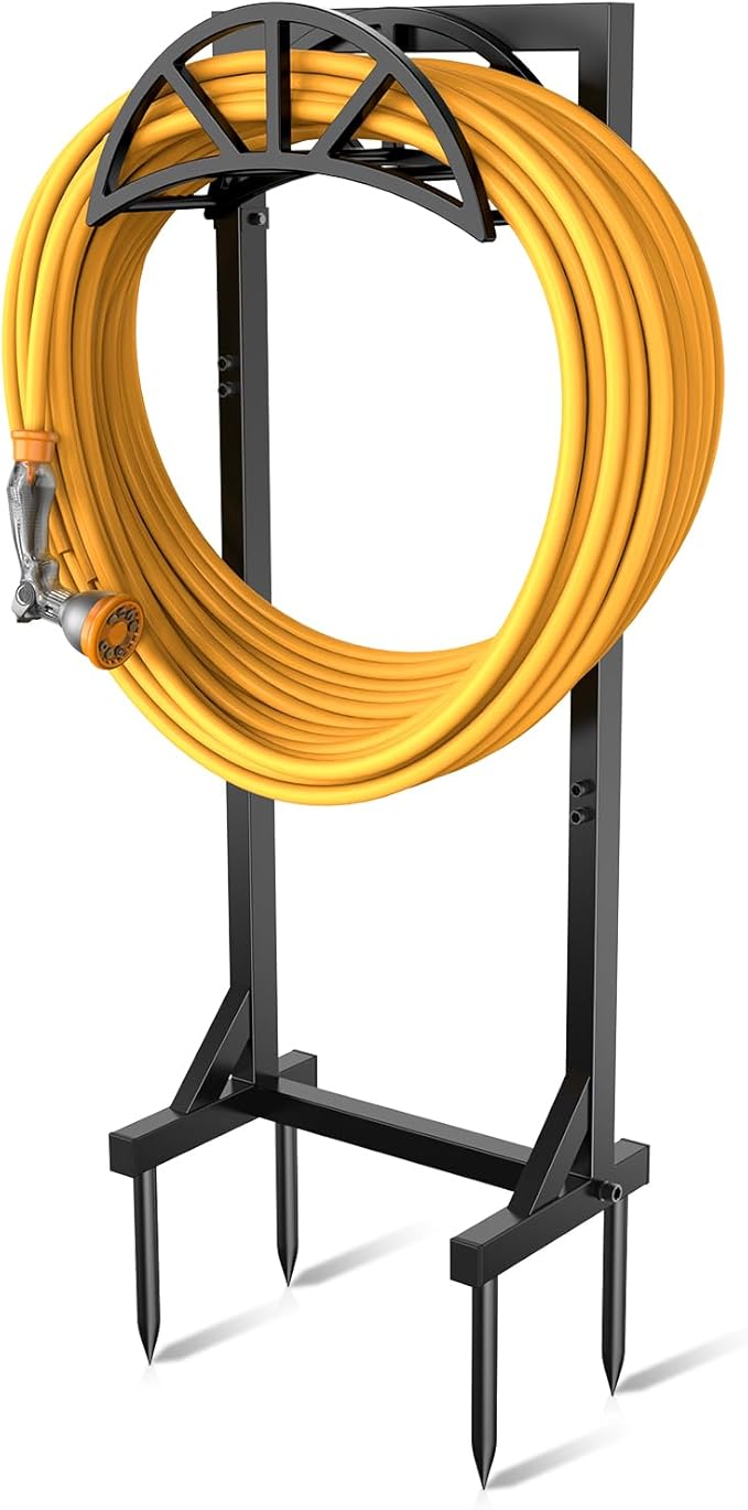 Freestanding Garden Hose Holder, Heavy Duty Water Hose Holder Stand with Stable 4-Spike Base, Fits 5/8" Hoses up to 150ft, No-Drill Yard Storage Alternative to Hose Reel