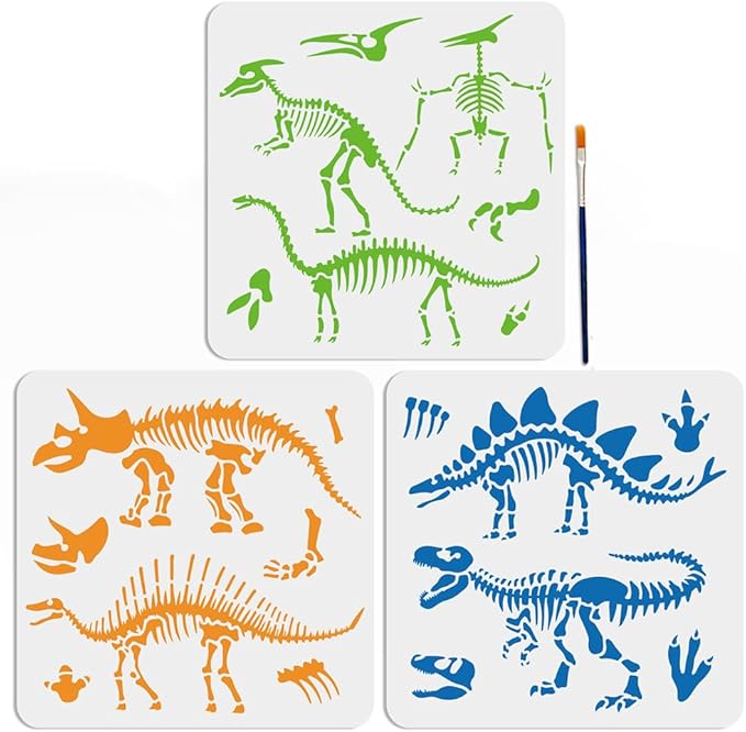MAYJOYDIY 3pcs Dinosaur Skeleton Stencil Template Stegosaurus Triceratops Tyrannosaurus Rex Stencils 11.8×11.8inch with Paint Brush Dinosaur Footprint Stencils for Painting DIY Craft Window Wood