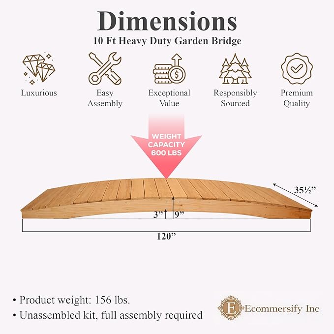 10 FT NATURAL Amish Made Pinewood Heavy Duty Garden Bridge for Walkway, Backyard Pond & Landscaping, Outdoor Wooden Footbridge for Koi Pond, Japanese Style Decorative Bridge, Made in USA