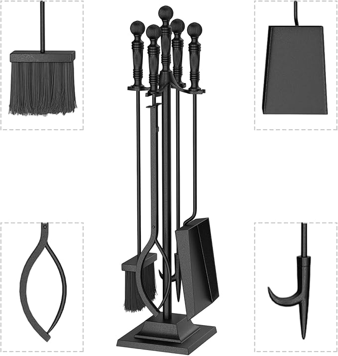Tangkula 5-Pieces Fireplace Tool Set, 4-in-1 Indoor Outdoor Fire Place Set Tools with Poker, Tongs, Brush, Shovel and Square Stand, Metal Firepit Tool Set with Aluminum Handles, Black