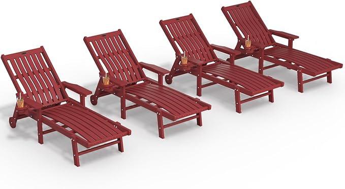 Patio Chaise Lounge Chair Set of 4, Oversized Lounge Chair Outdoor with 5 Positions, HDPE, Patio Lounge Chair with Wheels & Cup Holder for Pool, Deck, Poolside,Red