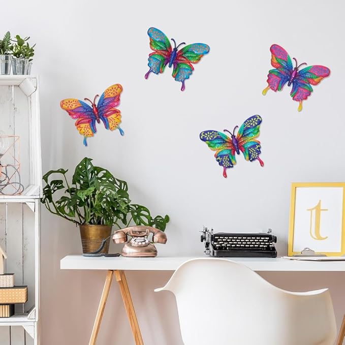4 Pcs Butterfly Wall Decor Art, Metal Butterflies Outdoor Wall Art with Colorful Leaves, Hand Painted Outdoor Decor for Garden, Yard, Fence, Patio Decoration