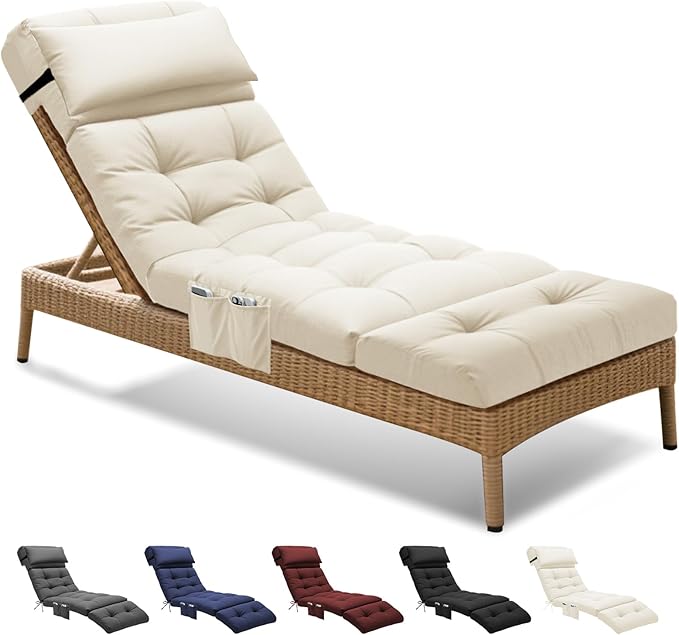 Outdoor Chaise Lounge Chair Cushion Waterproof 74.4 x 22 x 4.7 Inches Lounge Chair Cushions Thickened for Outdoor Furniture with Headrest and Pocket, Replacement Pool Lounge Cushions, Cream
