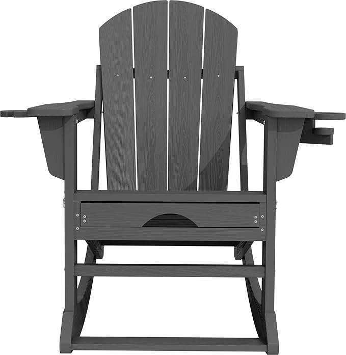 KINGYES Adirondack Rocking Chair with Retractable Ottoman and Cup Holders, HDPE Adirondack Rocker Patio Rocking Chair for Porch, Patio, Balcony, Leaden Grey