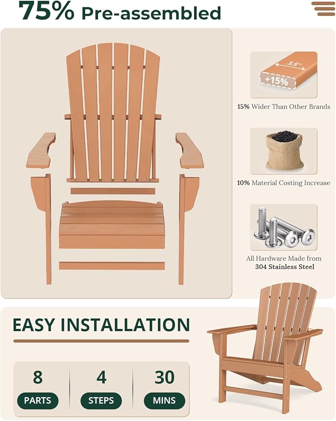 BRIOPAWS Adirondack-Chairs-Set of 4 | Fire Pit Chair | Oversized | HDPE Plastic | Weather Resistant | for Deck Outdoor Poolside Campfire | Teak