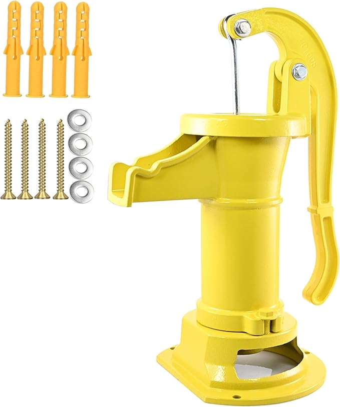 Durable Antique Cast Iron Pitcher Pump: Manual Hand Shake Suction Well Pump for Water Transfer, 25ft Maximum Lift, Easy Installation, Suitable for Outdoor Gardens, Ponds, and Backyards. (Yellow)
