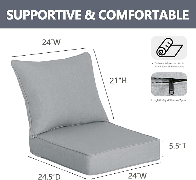 Goodgoods 24 x 24 Outdoor Patio Deep Seat Cushions 2-Pack, 1000+ Hours Fade-Resistant & Water-Resistant Outdoor Furniture Chair Cushions with 30D High-Resilience Foam for Sofa Chair, Stone Gray