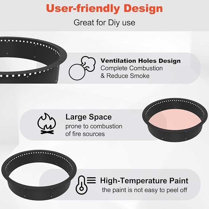 Koutemie Outdoor Smokeless Fire Pit Ring Liner 43-Inch Outer/39-Inch Inner Diameter, Heavy Duty Solid Metal Steel Round Firepit Rim Insert for Outside DIY Campfire Ring Above or In-Ground, Black