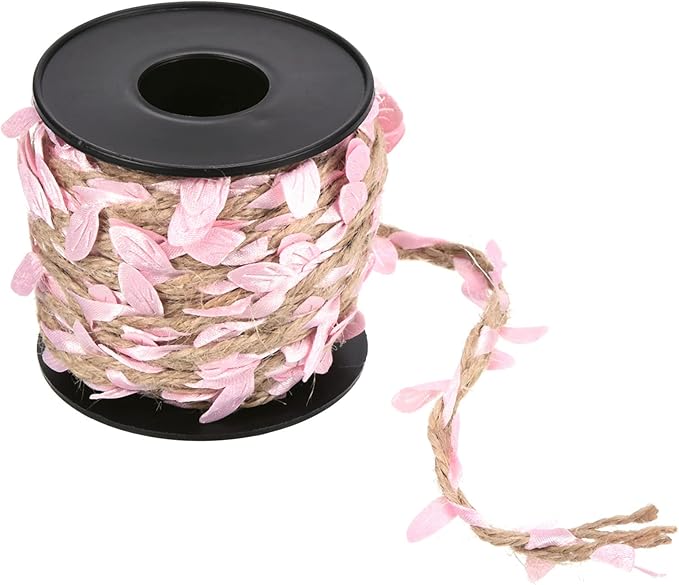 PATIKIL 33ft 5mm Burlap Leaf Ribbon, Braided Decoration Vine Natural Jute Rope Twine with Artificial Leaves for Jungle Wedding Party Home Garden Decor, Pink