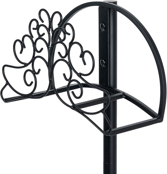 MyGift Vintage Scrollwork Design Matte Black Metal Outdoor Garden Hose Holder, 3.5 Foot Tall Freestanding Rack with Ground Yard Grass Stake Anchors
