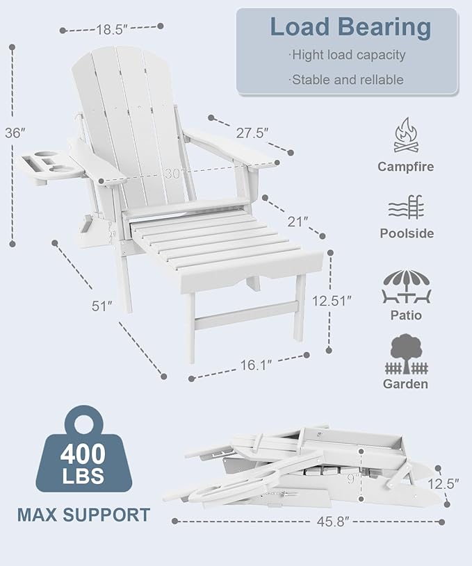 Adjustable Adirondack Chair with Retractable Ottoman, HDPE Folding Adirondack Chair with Cup Holder, All Weather Fire Pit Chair for Outdoor