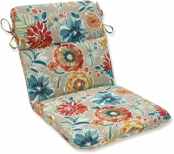 Pillow Perfect Bright Floral Indoor/Outdoor 1 Piece Split Back Chair Cushion Set With Ties, 1 Count, 40.5" x 21", Tan/Blue Colsen