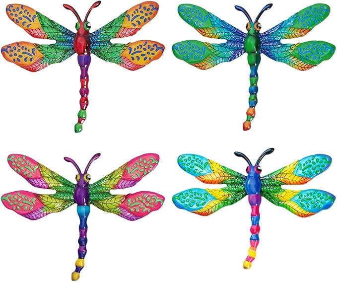 4 PCs Metal Dragonfly Wall Decor Art, Dragonflies Outdoor Wall Art with Colorful Leaves, Hand Painted Outdoor Decor for Garden Yard Fence Patio Outside Decoration