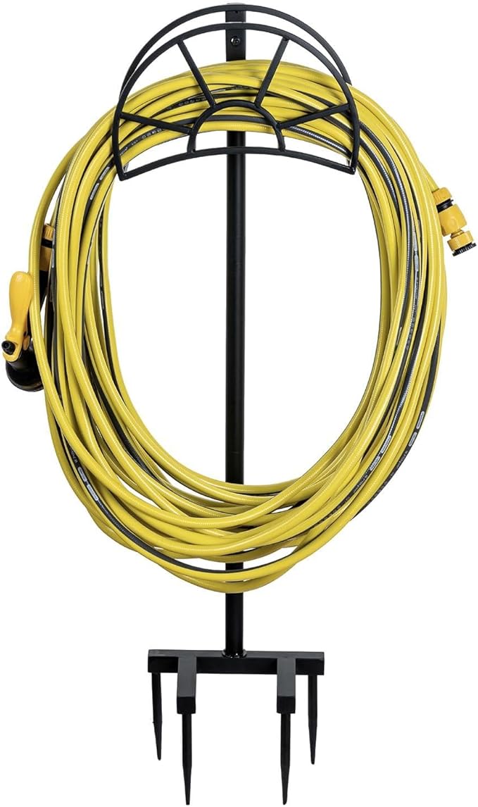 MyGift Metal Garden Hose Holder Stake, Modern Matte Black Metal Outdoor Garden Hose Holder Rack with Yard Grass Stake Anchors