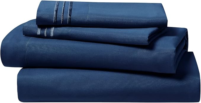 Clara Clark Premier 1800, Twin Bed Sheet Set, 3Pcs Deep Pocket Navy Blue Sheets, Includes Fitted, Flat & Pillowcase, Microfiber, Soft & Breathable, Fade Resistant