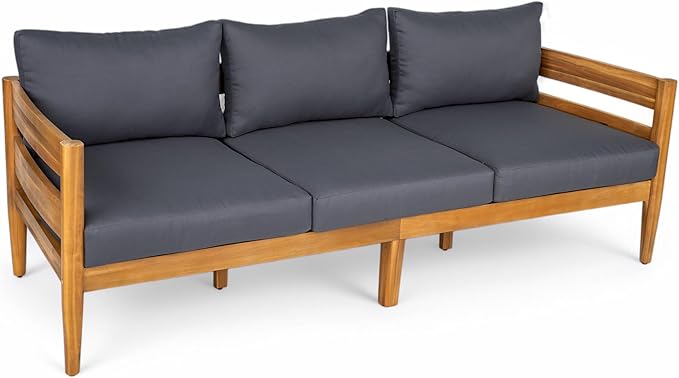 Christopher Knight Home Kavets 76.25'' W Outdoor 3 Seater Sofa with 5" Cushion, Acacia Wood Patio Sofa, Modern Slat Panel Bench, Spacious Seating Couch for Backyard Garden Porch, Light Teak+Dark Gray