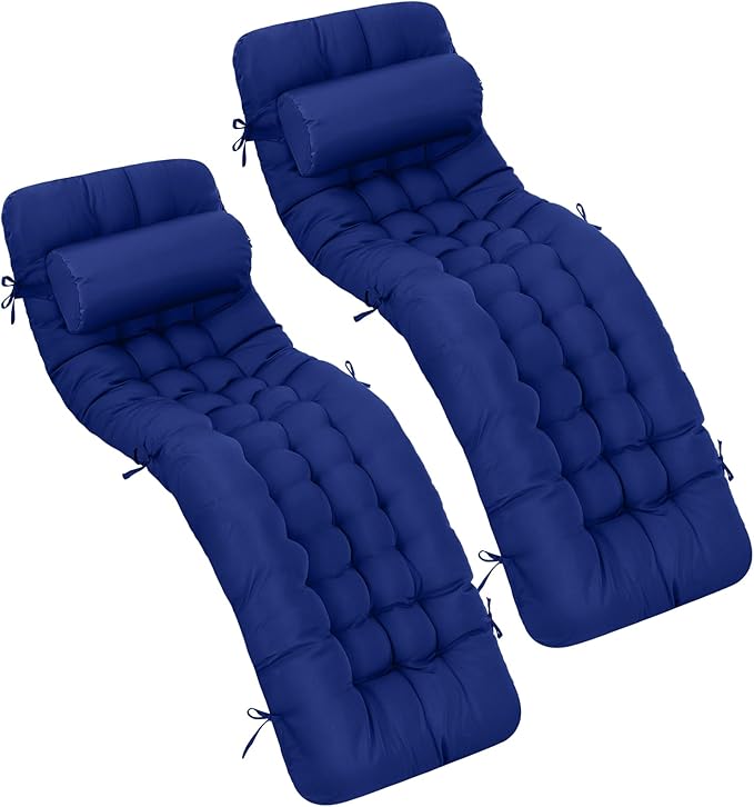 Tudomro 2 Pcs Blue 66'' Outdoor Chaise Lounge Cushion Waterproof Patio Lawn Pool Chaise Lounge Cushion with Headrest Pillow & Ties Weather Fade Resistant Replacement Longue Chair Pad