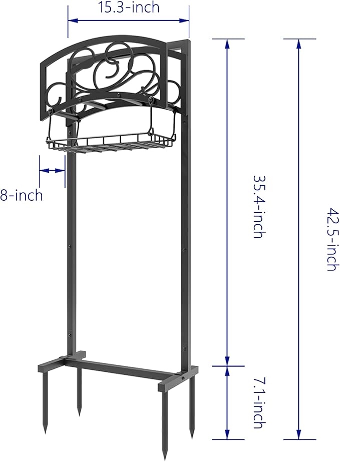 Kingson Freestanding Garden Hose Holder with Storage Basket - Heavy-Duty Black Powder-Coated Steel, Holds 150FT Hose, Detachable & Portable Design with Assembly Tools, Ideal for Outdoor Use