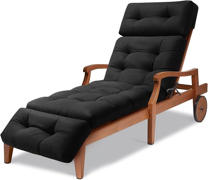 Waterproof Long Lounger Chair Cushion Outdoor Chaise Lounge Chair Cushions with Ties, Patio Recliner Thickened Lounge Chair Cushions for Indoor 74.4 x 22 x 4.7 Inches, Cushion Only(Black)