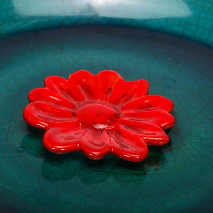 Topadorn Birdbath Ceramic Bowl Decor for Bee Bird Bath Outdoor Garden Vintage Yard ,Blue with Red Flower