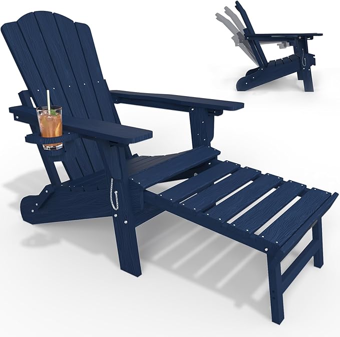 Folding Adjustable Adirondack Chairs with Ottoman & 1 Cup Holders, HDEP Multifunctional Adirondack Chair with Footrest,Navy Blue