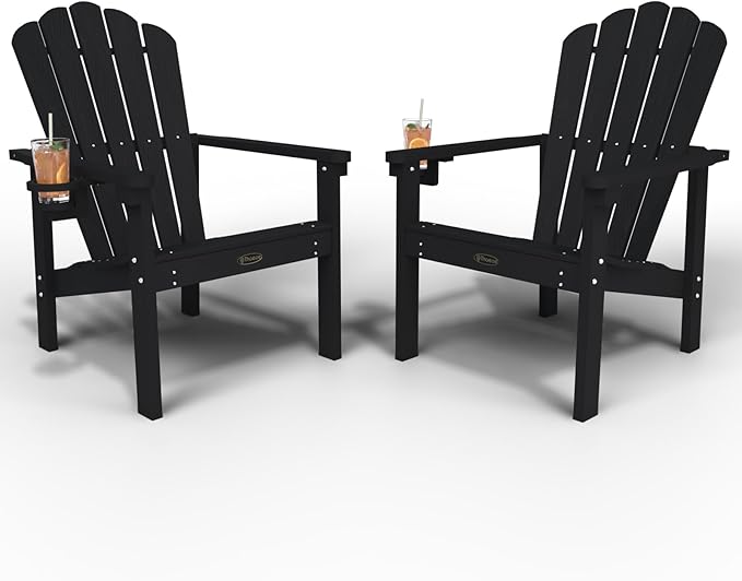 Stackable Adirondack Chair Set of 2, HDPE All-Weather Adirondack Chairs - Durable and Space Saving, Plastic Outdoor Fire Pit Chairs with Cup Holder,Black