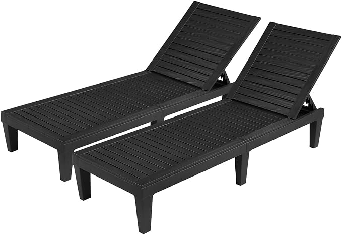 VINGLI Outdoor Chaise Lounge Chair Set of 2, Waterproof Outdoor Lounge Chair with 5-Level Adjustable Backrest, Patio Chaise Lounges for Garden, Pool, Beach Patio Deck Sunbathing (Black, 2 PCS)