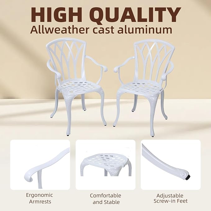 Patio Chairs Set of 2, Cast Aluminum Outdoor Dining Chair for Garden, Backyard, Balcony (White)
