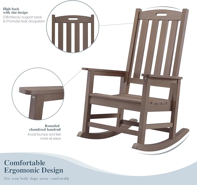 Psilvam Oversized Outdoor Rocking Chair, with 21" Wide Seat and 32" Tall Backrest, Pre-Assembled with Most Components for Effortless Installation (Brown)
