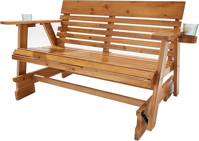 HOMREST Wooden Patio Glider Bench with Cup Holders, Heavy Duty 900LBS Outdoor Loveseat Glider with Ergonomic Deep Contoured Seat and High Roll Back for Garden Porch Balcony (4Ft 2-Seater, Brown)