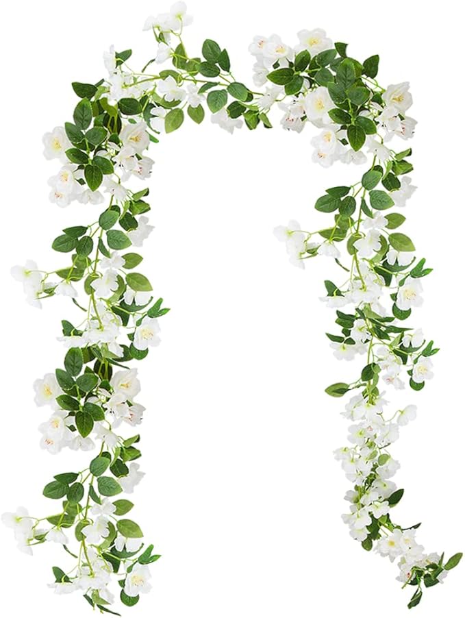 CISDUEO Artificial Cherry Blossom Flower Vine Hanging White Cherry Blossom Flower Silk Garland Hanging Vines Faux Flowers for Outdoors Spring Wedding Party Home Table Centerpiece Arrangement Decor