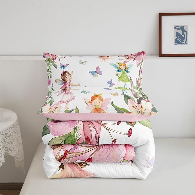 Erosebridal Floral Fairy King Bedding Set,Dreamy Fairy Garden Comforter Set for Girls Kids,Coquette Flower Butterfly Comforter,Pink Princess Bedroom Room Decor,2 Pillowcases All Season