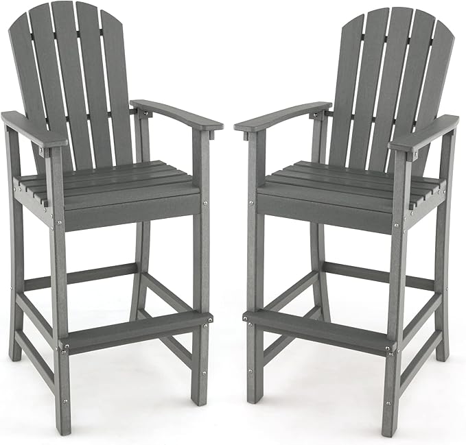 Giantex Outdoor HDPE Bar Stool, Tall Adirondack Chair with Armrests and Footrest, 30 Inches Counter Height Bar Stool for Garden, Backyard, Weather Resistance, Easy Maintenance (2, Gray)