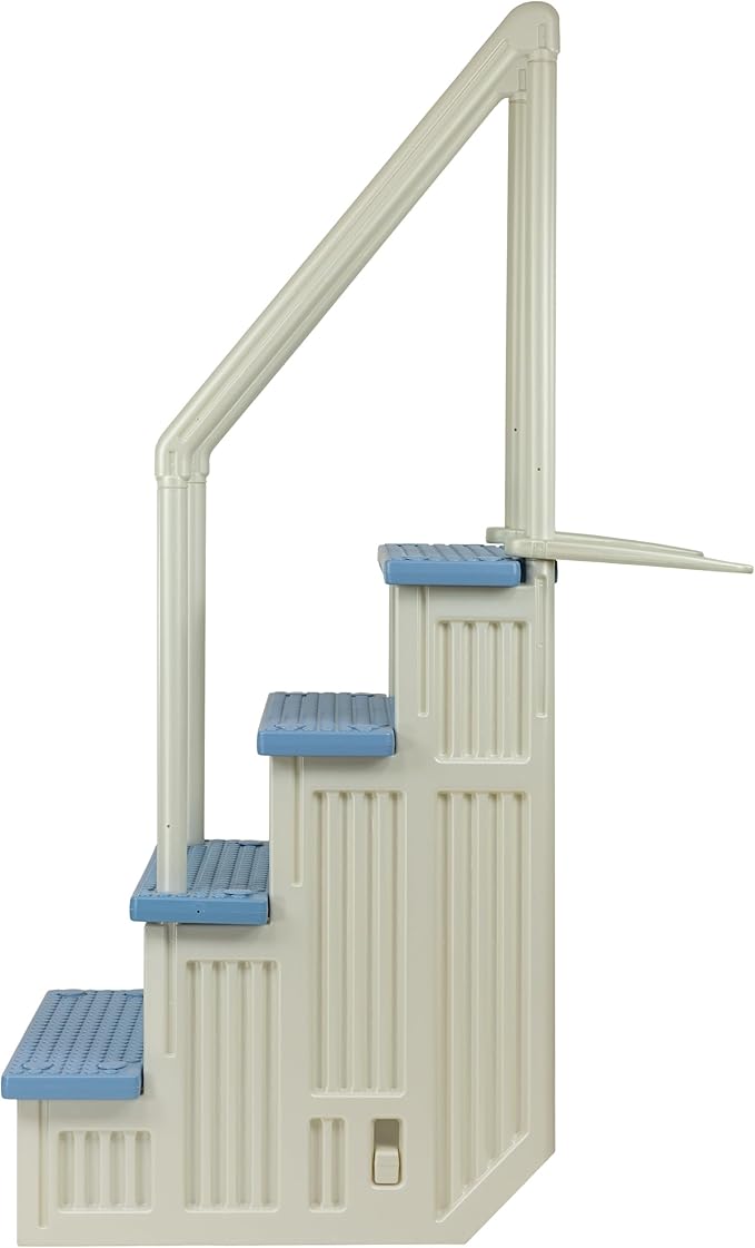 Aqua Select Anti-Slip in-Pool Safety Stairs with Outside Flip-Up Ladder | Pearl White w/Tranquil Blue Steps | for Above Ground Swimming Pools | Mounts to Decks 48" to 54" H | Capacity Up to 350 lbs