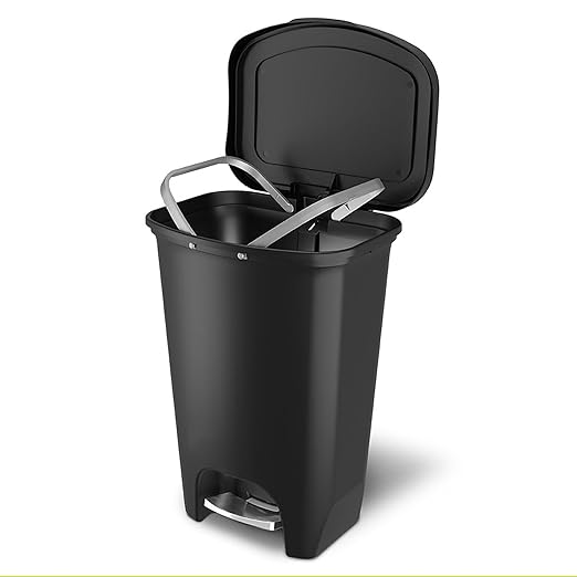 Glad Premium 13 Gallon Trash Can - Plastic Kitchen Waste Bin with Odor Protection of Lid, Stainless Steel Step On Foot Pedal and Garbage Bag Rings, Black