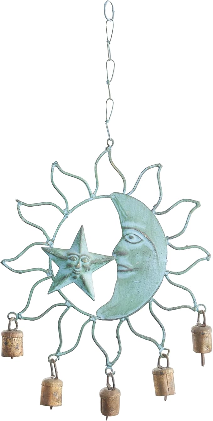 Deco 79 Metal Sun and Moon Windchime with Bells, 13" x 11" x 1", Turquoise