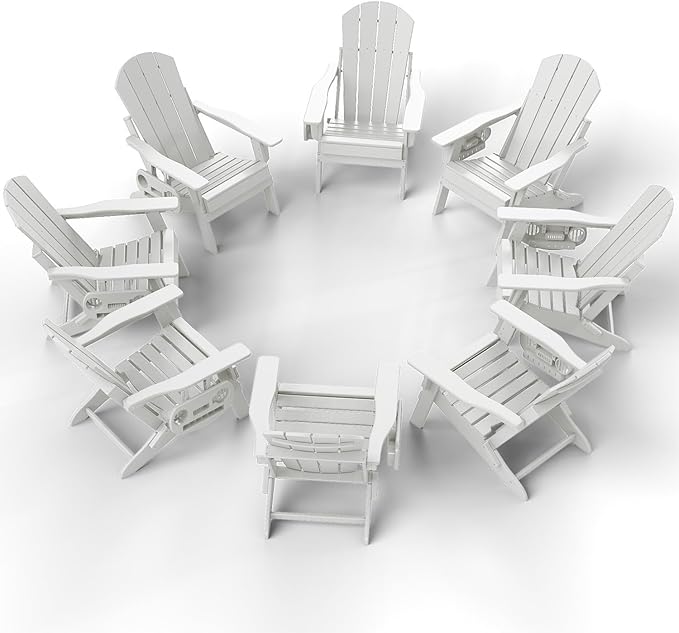Adjustable Adirondack Chair Set of 8 with Cup Holder, All Weather HDPE Fire Pit Chairs for Deck, Backyard, Patio, White