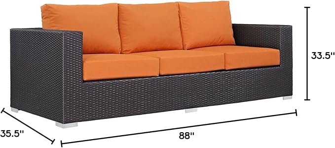 Modway Convene Wicker Rattan Outdoor Patio Sofa with Cushions in Espresso Orange
