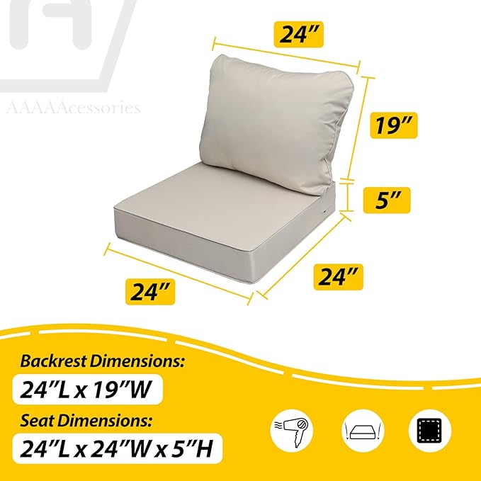 AAAAAcessories Outdoor Seat Cushions for Chairs, Fade-Resistant, Waterproof Patio Furniture Replacement Cushions, 24" x 24" x 5" + 24" x 19", Set of 4, Beige