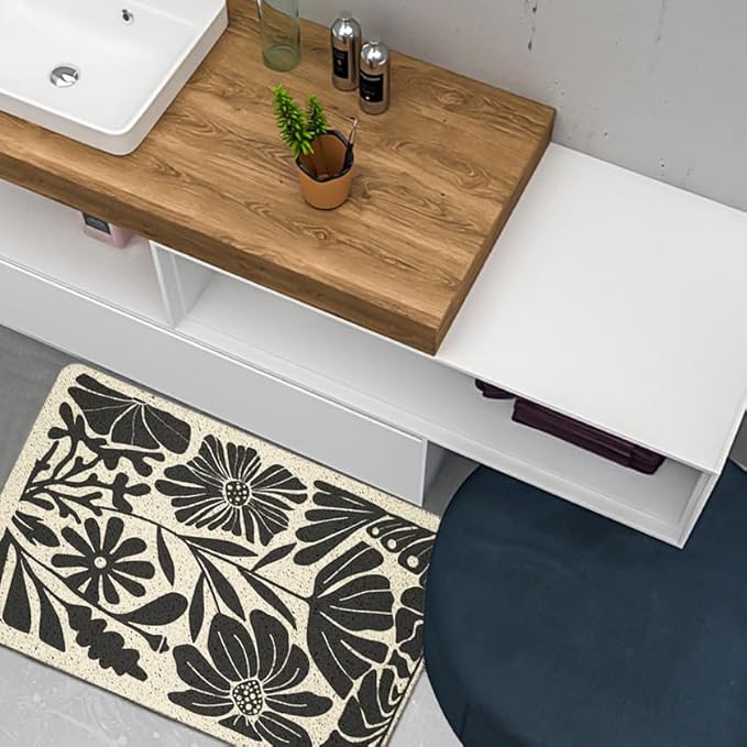 Boho Beige and Black Floral Door Mat - Bohemian Neutral Floral Front Door Welcome Mats Outdoor Entrance, 17x30 Rug
