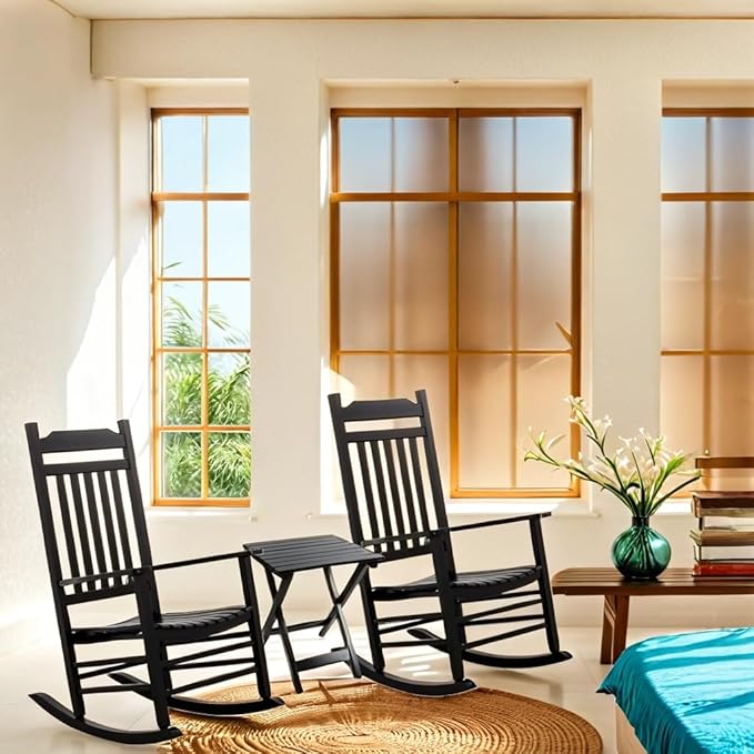 Black Porch Rockers 3 Piece Outdoor Wooden Adults Furniture Set with 2 Rocking Chair and 1 Outdoor Side Table for Patio Lounge Balcony